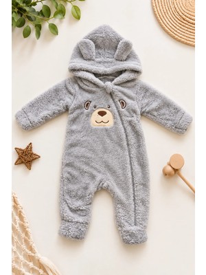 Dinamik çocuk Erkek Bebek Tulum Welsoft Tatlı Ayıcık Nakışlı Peluş Kapüşonlu Fermuarlı Manşetli Kışlık 0-12AY