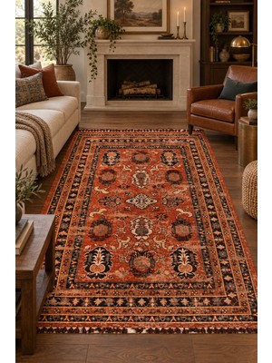 Hazan Kiremit Nostaljik Kilim Desenli Robot Süpürge Uyumlu Oturma Odası Salon Halısı