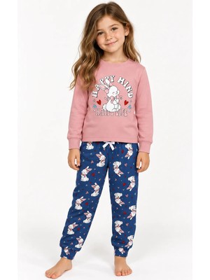 Zekalya Kız Çocuk Tavşan Baskılı Interlok Uzun Kollu Pijama Takımı