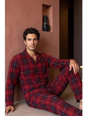 Nisanca Exclusive Erkek Süet Ekose Gömlek Yaka Pijama Takımı - Retro Erkek Pijama