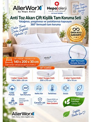 Allerworx Anti Alerjik Anti Akar Çift Kişilik Tam Koruma Seti 140x200x30 cm Yastık Yatak Yorgan Kılıflı %100 Pamuk Ömür Boyu Garantili