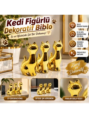Mersi Shop Orta Boy Kedi Figürlü Seramik Biblo Parlak Gold Dekoratif Ev ve Ofis Süsü
