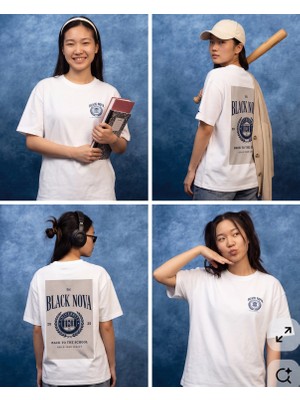 Black Nova Oversize Baskılı Unisex Tişört The Academy Beyaz