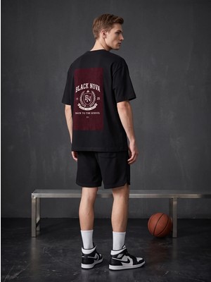 Black Nova Oversize Baskılı Unisex Tişört Crest Club Black Siyah