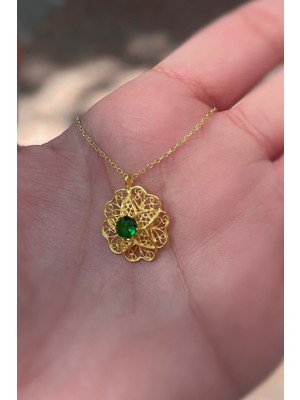 Erer Gümüş Gümüş Yeşil Taşlı Telkari Model Kolye