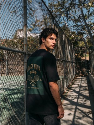 Black Nova Oversize Baskılı Unisex Tişört Campus Tennis Black Siyah