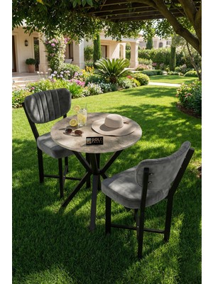 Bezos Mutfak Masası Yuvarlak 70 Çap Metal Ayak Yemek Masası Modern Balkon Bahçe Cafe Masa 9821 Traverten