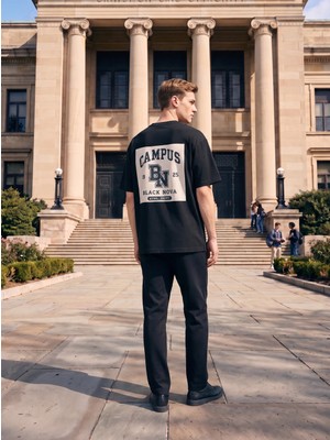 Black Nova Oversize Baskılı Unisex Tişört Nova Campus Black Siyah