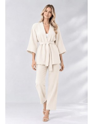 SSO Kimono Ikili Takım Belden Bağlamalı Pantolon Beli Lastikli Cepli Yarasa Kol (3/4 Uzunluk)