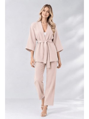 SSO Kimono Ikili Takım Belden Bağlamalı Pantolon Beli Lastikli Cepli Yarasa Kol (3/4 Uzunluk)