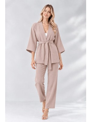 SSO Kimono Ikili Takım Belden Bağlamalı Pantolon Beli Lastikli Cepli Yarasa Kol (3/4 Uzunluk)