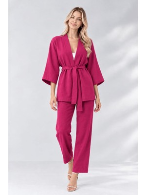 SSO Kimono Ikili Takım Belden Bağlamalı Pantolon Beli Lastikli Cepli Yarasa Kol (3/4 Uzunluk)