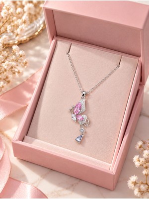 Gözde Aksesuarım Pembe Kanatlı Kelebek Kolye Çelik