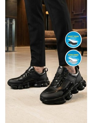Walkway Siyah Bağcıklı Kalın Rahat Tabanlı Erkek Casual Yürüyüş Ayakkabı Sneaker Zenith