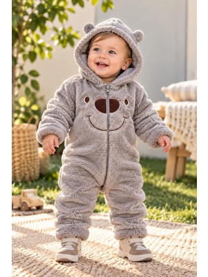 Dinamik çocuk Erkek Bebek Tulum Ayıcık Kulaklı Kapüşonlu Peluş Fermuarlı Kışlık Tulum 0-12AY