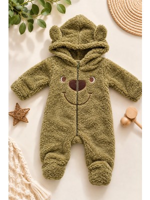 Dinamik çocuk Erkek Bebek Tulum Ayıcık Kulaklı Kapüşonlu Peluş Fermuarlı Kışlık Tulum 0-12AY