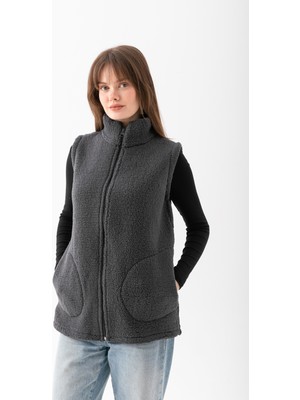 Etki Moda Kadın  Dik Yaka Fermuarlı Polar Yelek