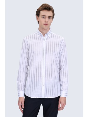 Hatemoğlu Lacivert Comfort Fit Çizgili Düğmeli Yaka 100% Pamuk Uzun Kollu Casual Gömlek