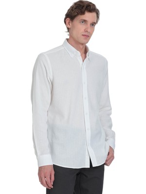 Hatemoğlu Beyaz Comfort Fit Çizgili Düğmeli Yaka 100% Pamuk Uzun Kollu Casual Gömlek