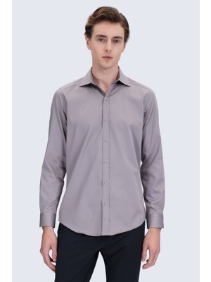 Hatemoğlu Gri Slim Fit Açık Italyan Yaka 100% Pamuk Uzun Kollu Spor Gömlek