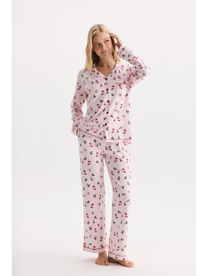Etoile %100 Pamuk Kumaş Uzun Kol Önden Düğmeli Gömlek Yaka Pijama Takımı 27309