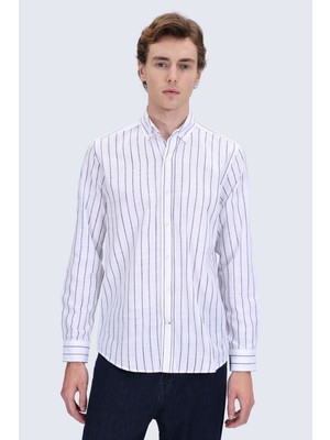 Hatemoğlu Siyah Comfort Fit Çizgili Düğmeli Yaka 100% Pamuk Uzun Kollu Casual Gömlek
