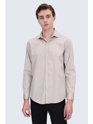 Hatemoğlu Bej Slim Fit Açık Italyan Yaka 100% Pamuk Uzun Kollu Spor Gömlek