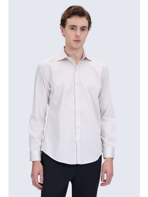 Hatemoğlu Ekru Slim Fit Açık Italyan Yaka 100% Pamuk Uzun Kollu Spor Gömlek