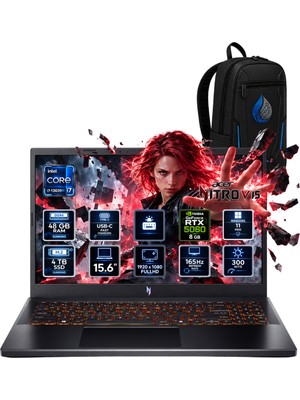 Acer Nitro V 15 İ7-13620H 48 GB Ddr4 4 Tb SSD Rtx 5060 8gb 15.6'' Fhd 165Hz Windows 11 Pro NH.QZ8EY.002RNP20