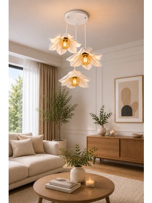 3DreaMaker Fleura 3'lü Çiçek Tasarımlı Sarkıt Avize, Modern Bohem Dekoratif Tavan Aydınlatması (3 Adet A60 Rustik Ampül Hediyedir)