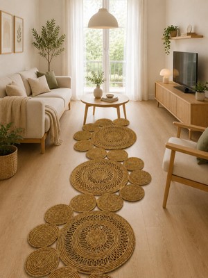 Rönesans Tekstil Jüt Yolluk Halı Dantel Detaylı Yuvarlak Motifli Bohem Hasır Kilim – Vera