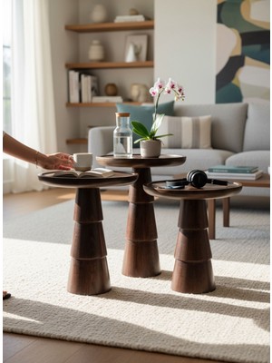 Aselya Home Doğal Ahşap 3'lü Set Ceviz Renk Mantar Yan Sehpa Modern Fiskos Zigon