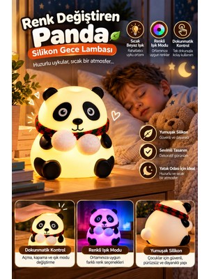 DS LLC Renkli Işık Modlu Silikon Panda Gece Lambası Dokunmatik Kontrollü Sevimli Dekoratif