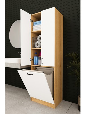 Asra Trend Modern Çamaşır Sepetli Çok Amaçlı Banyo Dolabı %100 MDF Banyo Düzenleyici Dolap BD06