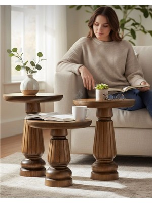 Aselya Home Doğal Ahşap 3'lü Set Mantar Yan Sehpa Modern Fiskos Zigon Çiçeklik
