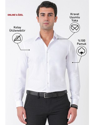 Efor Beyaz %100 Pamuklu Nefes Alabilir Kolay Ütülenebilir Uzun Kollu Slim Fit Gömlek Gk 766
