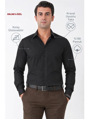 Efor Siyah %100 Pamuklu Nefes Alabilir Kolay Ütülenebilir Uzun Kollu Slim Fit Gömlek Gk 766