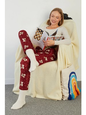 FullaModa Ayıcık Desenli Beli Lastikli Süet Pijama Altı