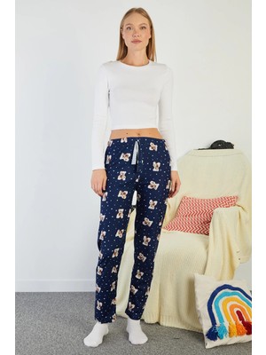 FullaModa Ayıcık Desenli Beli Lastikli Süet Pijama Altı