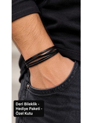 Herşey Nota Selvaric Multiloop Siyah Deri Erkek Bileklik - Sıralı Ince Kordon Tasarım