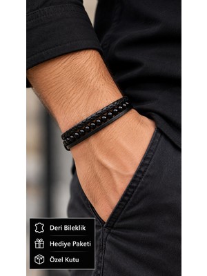 Herşey Nota Norvayne Obsidianbead Siyah Deri Erkek Bileklik - Siyah Boncuklu Örgü Katman
