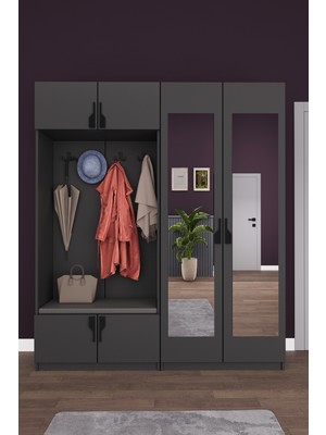 Asra Trend Lüks Aynalı Portmanto Askılı Vestiyer %100 MDF Çok Raflı Ayakkabılık Dolabı V02