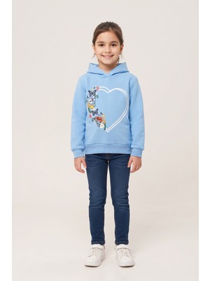 Crassi Kız Çocuk Sweatshirt Kapüşonlu Kelebek Kalp Baskılı 3 Iplik Polarlı Şardonlu %100 Pamuk