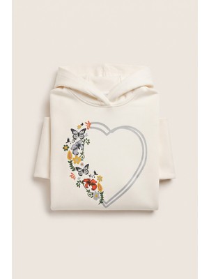 Crassi Kız Çocuk Sweatshirt Kapüşonlu Kelebek Kalp Baskılı 3 Iplik Polarlı Şardonlu %100 Pamuk