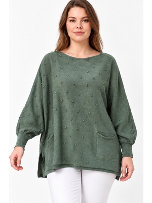 Etki Moda Kadın Italyan Stil Yarasa Kol Yanı Yırtmaçlı Cep Detaylı Oversize Triko Bluz