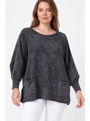Etki Moda Kadın Italyan Stil Yarasa Kol Yanı Yırtmaçlı Cep Detaylı Oversize Triko Bluz