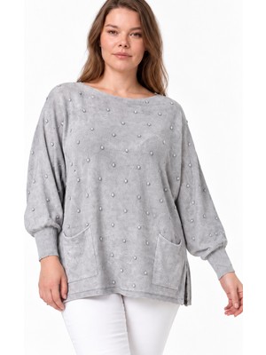 Etki Moda Kadın Italyan Stil Yarasa Kol Yanı Yırtmaçlı Cep Detaylı Oversize Triko Bluz