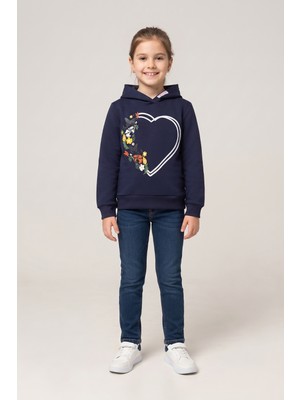 Crassi Kız Çocuk Sweatshirt Kapüşonlu Kelebek Kalp Baskılı 3 Iplik Polarlı Şardonlu %100 Pamuk