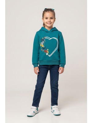 Crassi Kız Çocuk Sweatshirt Kapüşonlu Kelebek Kalp Baskılı 3 Iplik Polarlı Şardonlu %100 Pamuk