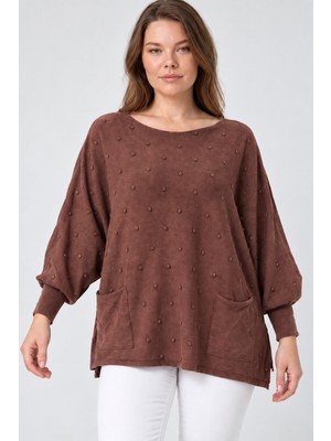 Etki Moda Kadın Italyan Stil Yarasa Kol Yanı Yırtmaçlı Cep Detaylı Oversize Triko Bluz